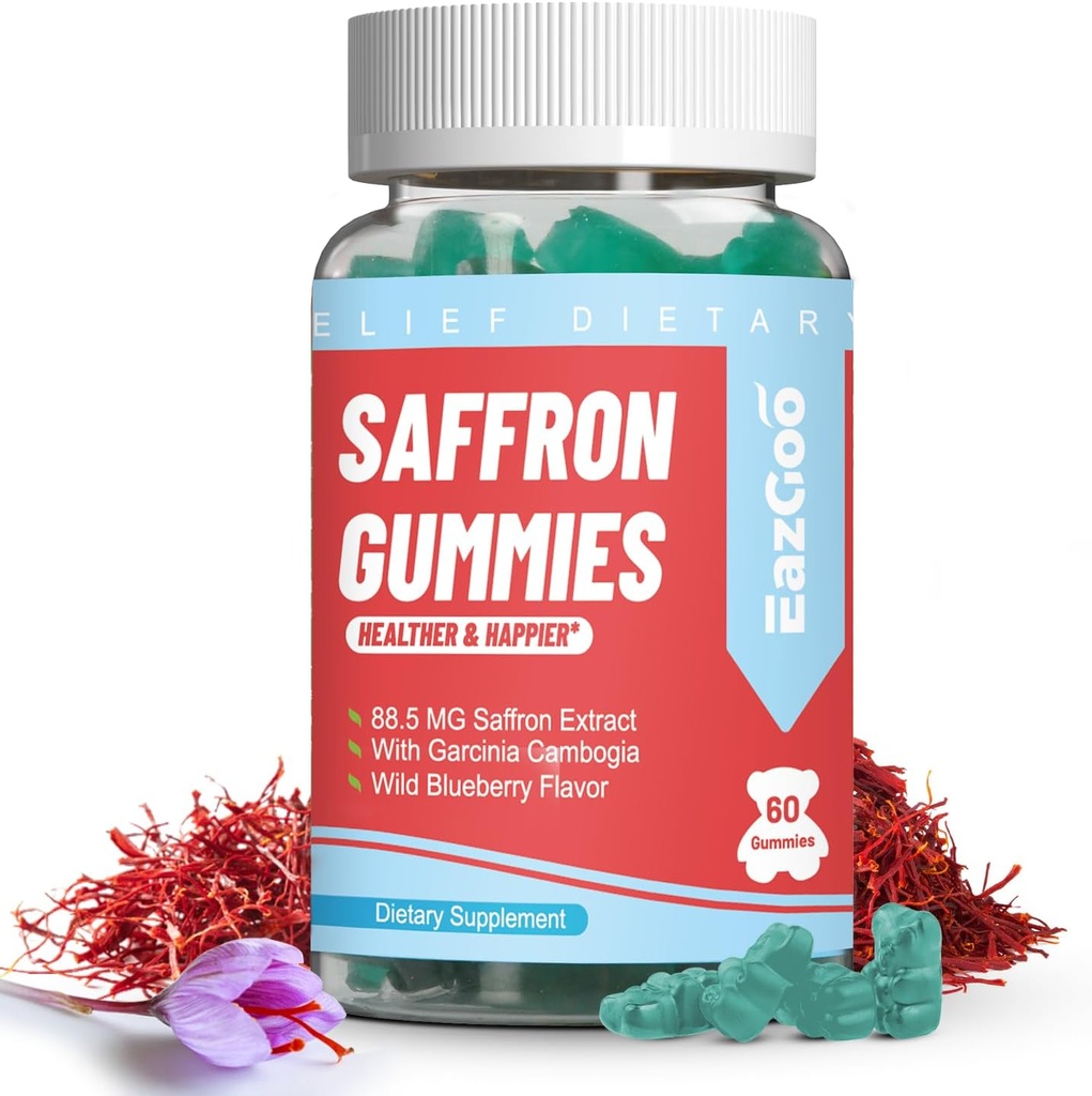 Saffron Συμπληρώματα Gummies, εκχύλισμα Saffron για θετική διάθεση & ήρεμο νεύρο, Boost Energy, με Garcinia Cambogia, βιταμίνη Α, B12, Rhodiola Rosea - 60 Gummies