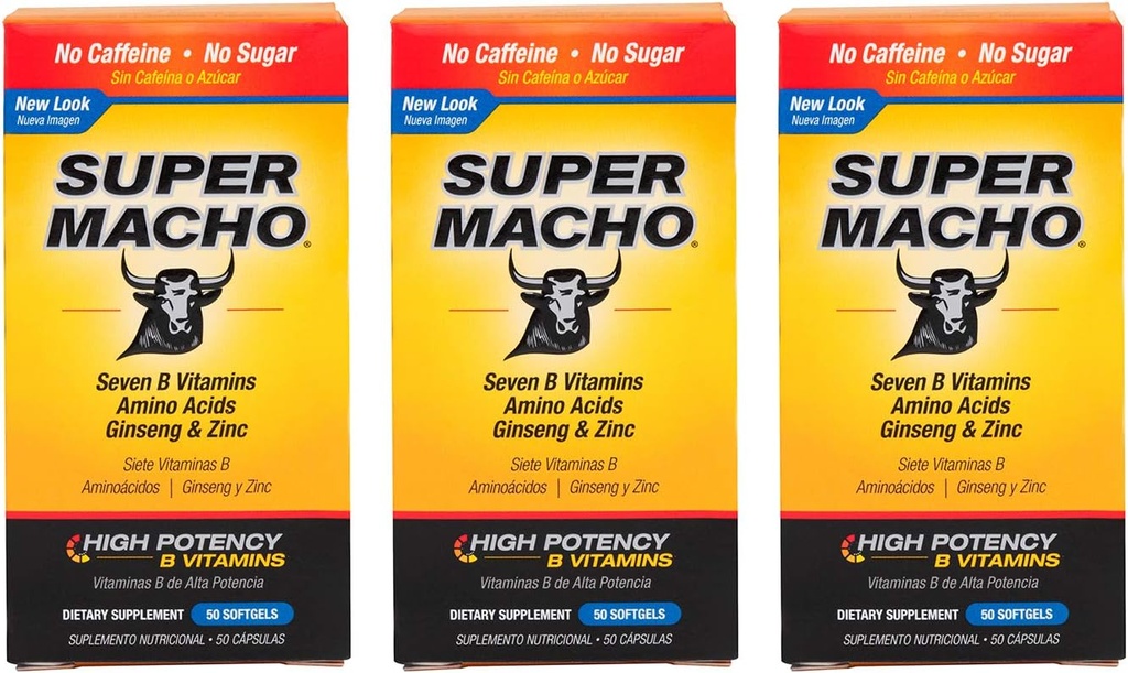 Super Macho Diyetary Supplement with High Potency çinko & 7 B Vitamins, No Preservatives, Sugar or Caffeine, Made in USA, 50 Softgels (3 Pack)