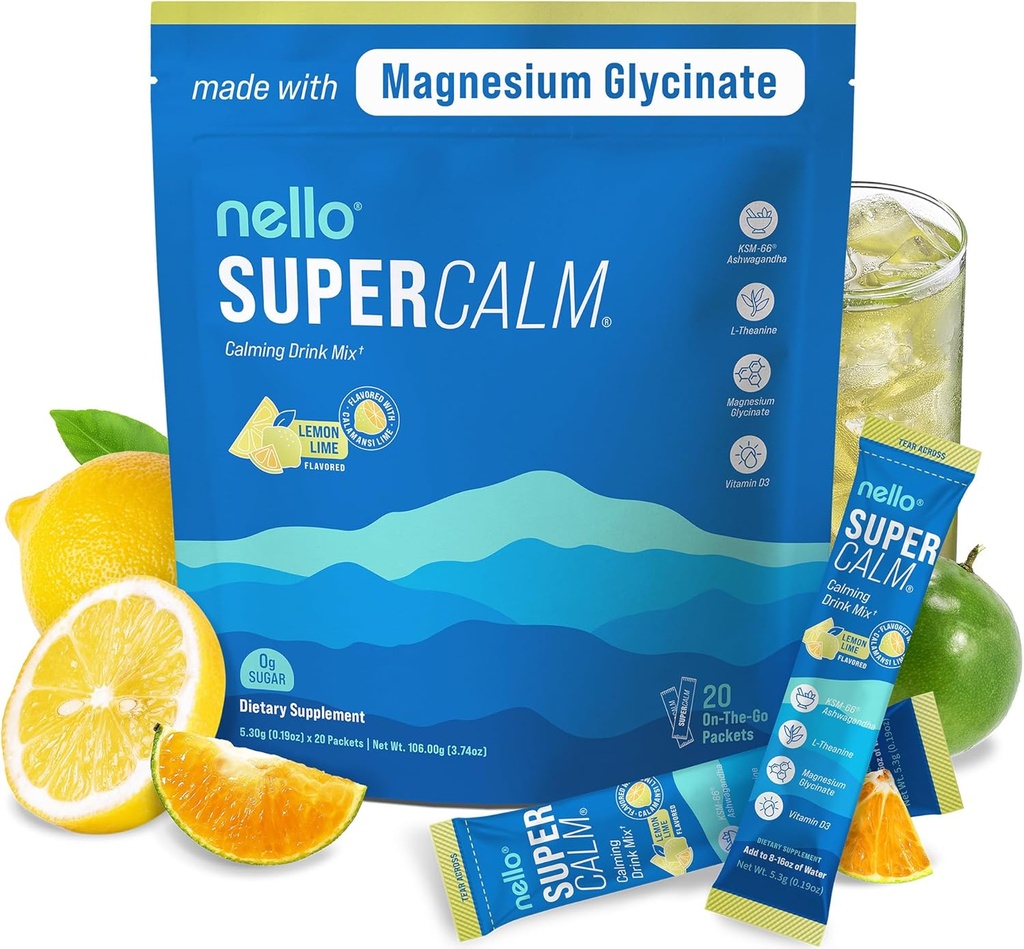 Nello Supercalm Drink Mix - Ashwagandha KSM 66, Μαγνήσιο Γλυκινικό & L-Θεανίνη συμπλήρωμα, Βιταμίνη D3 - Ashwagandha Root Extract - Focus and Relaxation Support (20 Travel Packets) - Λεμόνι Lime