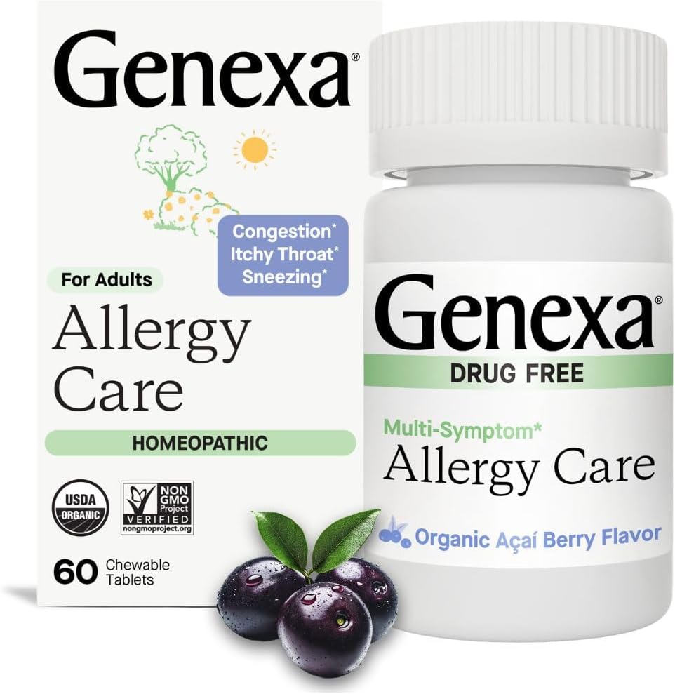 Genxa Alerji Bakımı | İlaç Free, Non-Drowsy Anti Allergy & Decongestant Remedy for Yetişkinler | Vegan & Non-GMO | Homeopathic Anti Allergy | Organik Acai Berry Flavor | 60 Chewable Tabletler