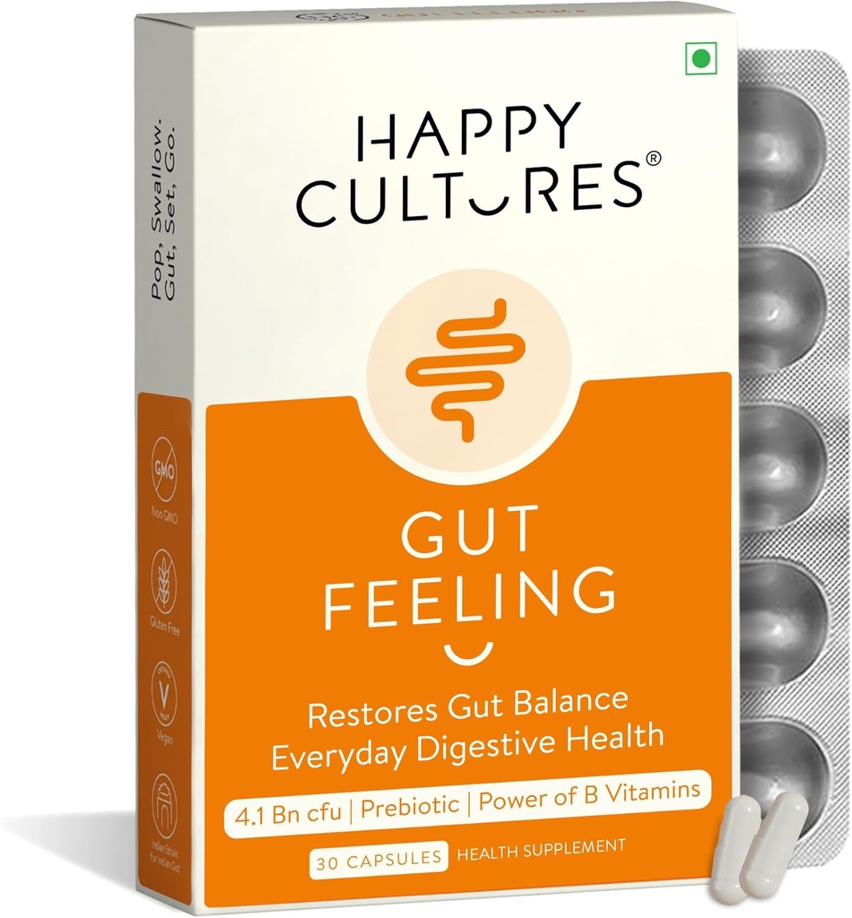 Happy Cultures Gut Feeling Digestion Supplement Μοναδικό μείγμα προβιοτικών για την καθημερινή Digestive Health B-Vitamins Gut Health Supplement για Bloating, IBS, Digestion Clinically Tested - 30 Veg Capsules