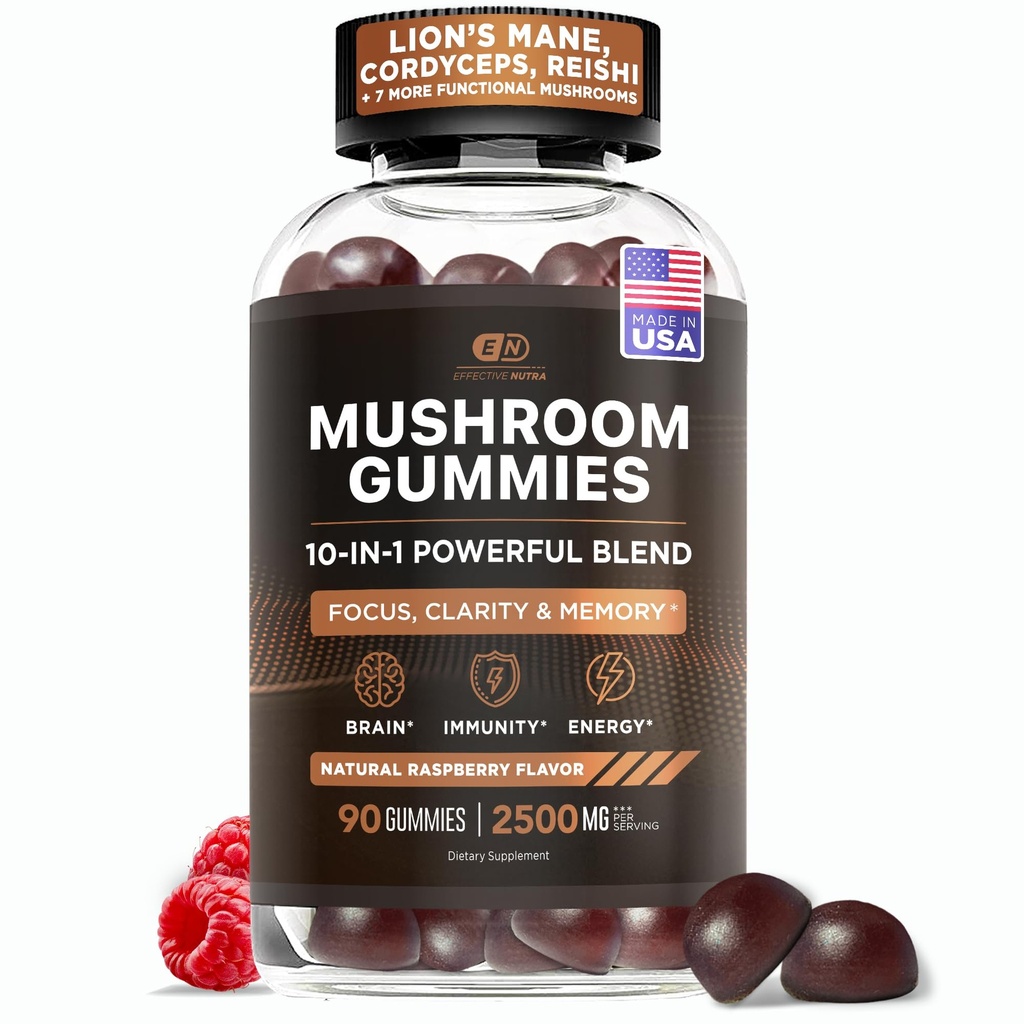 Etkili Nutra Mushroom Gummies 2500 mg - 10in1 Lion's Mane, Reishi, Chaga, Cordyceps & More - Focus, Clarity, Memory, Immunity, Energy - Natural Raspberry Flavor, Vegan, ABD'de (90)