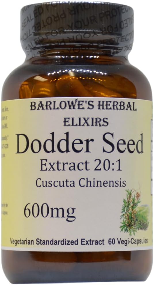 Barlowe's Herbal Elixirs Dodder Tohum (Tu Si Zi) | 20:1 Ekstraksiyon | 600 mg Per Capsule | Kidney Yang & Longevity Support | 60 Vegan Capsules | Stearate-Free,mix-Free, Glass Şişed