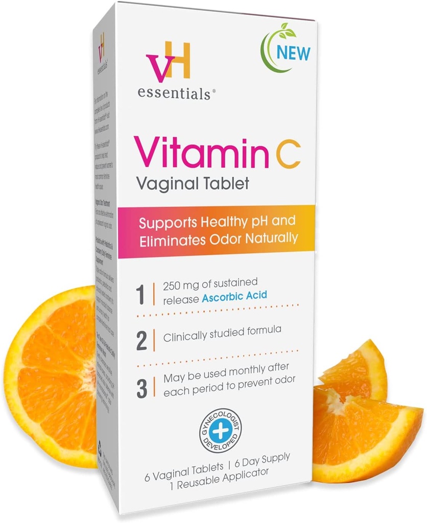 vH essentials Βιταμίνη C Κολπικό Δισκίο - Βορικό Οξύ Υπόθετο Εναλλακτική - Υποστηρίζει Υγιές pH και Εξαλείφει Κολπική Οδο Φυσικά, Υποθεσίες για Κολπική Υγεία 6 Count, 1 Applicator