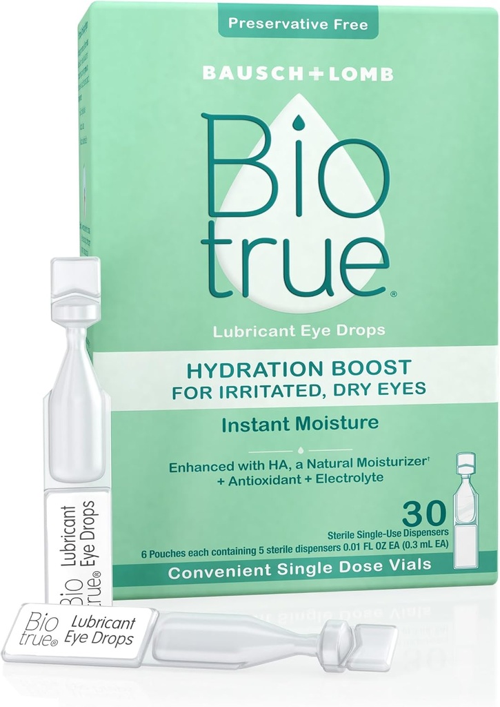 Biotrue Hydration Boost, συντηρητικά-ελεύθερος Οφθαλμικές σταγόνες για ξηροφθαλμία, άμεσα ενυδατώνει, Ενυδατώνει, Επαφή Φακός Φιλικός, Αναζωογονητικός & Ανακουφιστικός Ερεθισμός ματιών, 30 Φιαλίδια μιας χρήσης (Pack of 1)