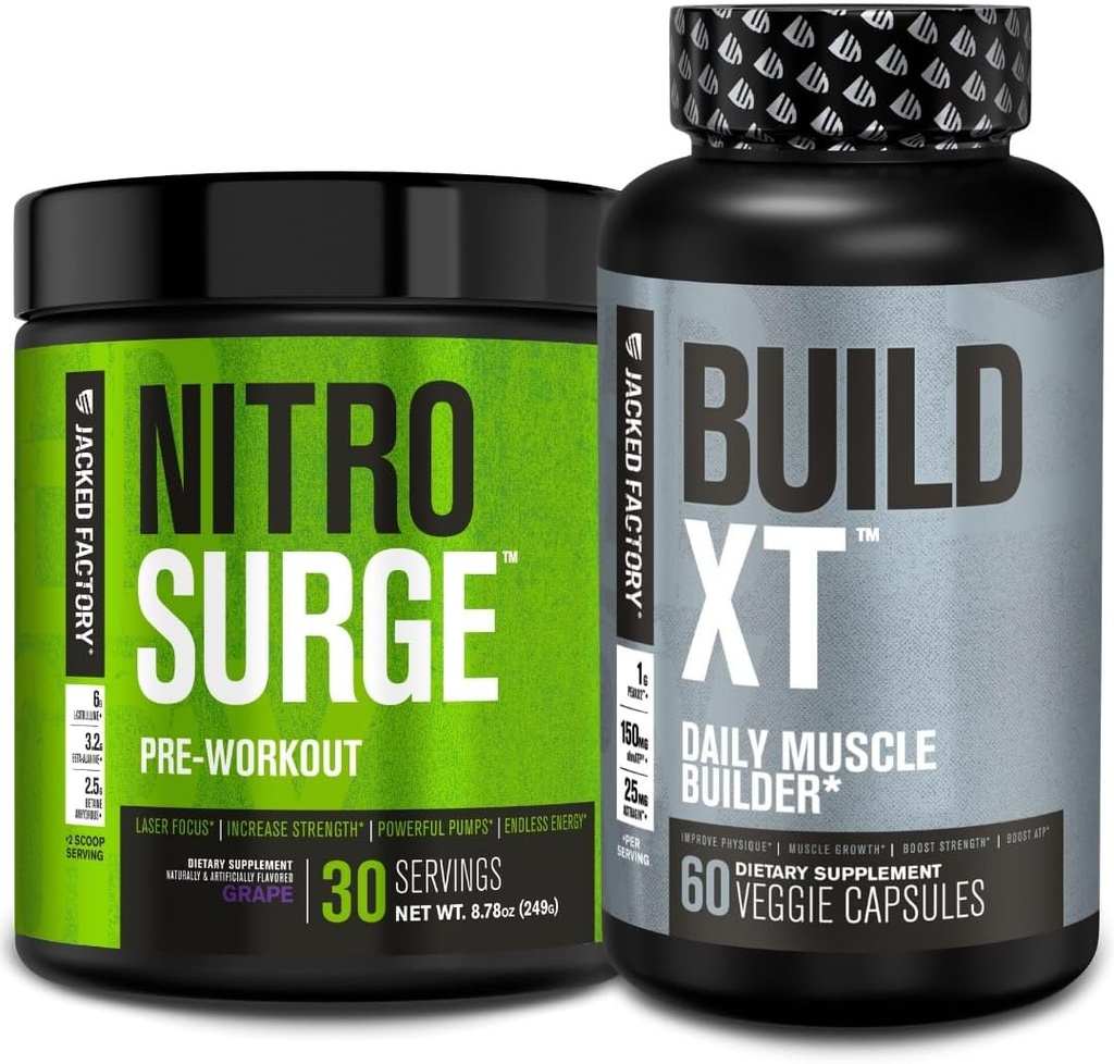 Jacked Factory Nitrosurge Pre-Education in Grape & Build XT Muscle Building Bundle for Men & Women
