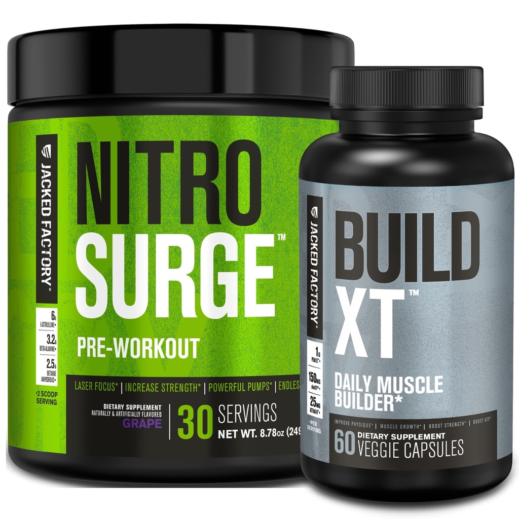 Jacked Factory Nitrosurge Pre-Education in Grape & Build XT Muscle Building Bundle for Men & Women