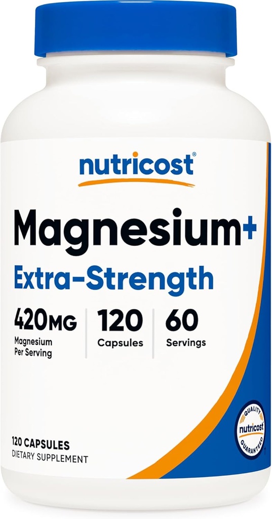 Nutricost Magnesium+ Extra Strength 420mg, 120 Κάψουλες - 60 Μερίδες. Οξείδιο του μαγνησίου και γλυκινικό - μη ΓΤΟ, Χωρίς γλουτένη, Φιλικά προς τους χορτοφάγους