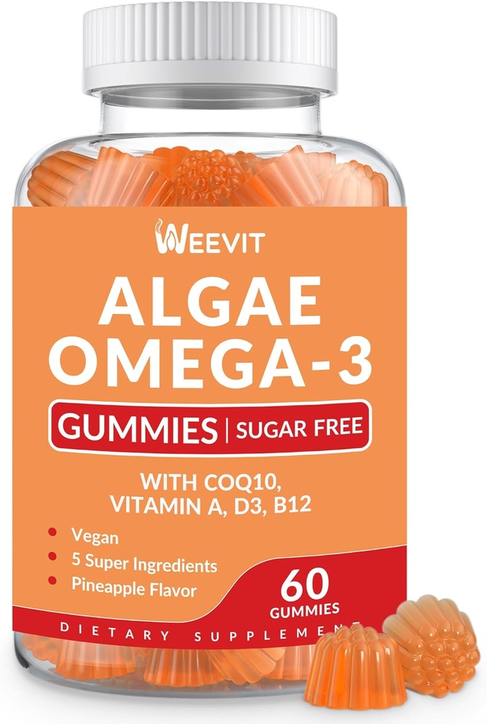 Χωρίς ζάχαρη Ωμέγα 3 Gummies, Algae Omega 3 συμπλήρωμα για ενήλικες,Ωμέγα 3 DHA 240mg, EPA 110mg w/βιταμίνη B12,CoQ10
