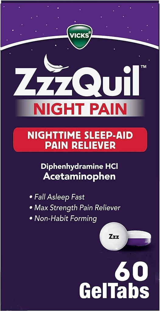 ZzzQuil Night Pain GelTabs, Nighttime Pain Relief, Sleep Aid Tabletleri, Diphenhydramine HCl ve Acetaminophen, No.1 Sleep Aid Brand, Max Strength Pain Reliever, 60 GelTa