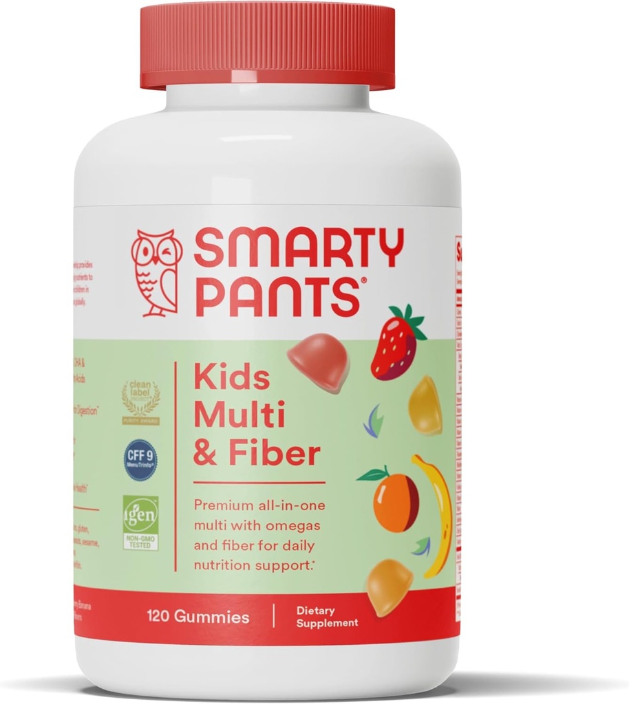 SmartyPants Kids Multivitamin Gummies and Fiber Supplement: Vitamin D3, C, Vitamin B12, B6, A, çinko, Biotin, Inositol, Fiber Gummies, Three Fruit Flavors, 120 Count (30 Day Supply)