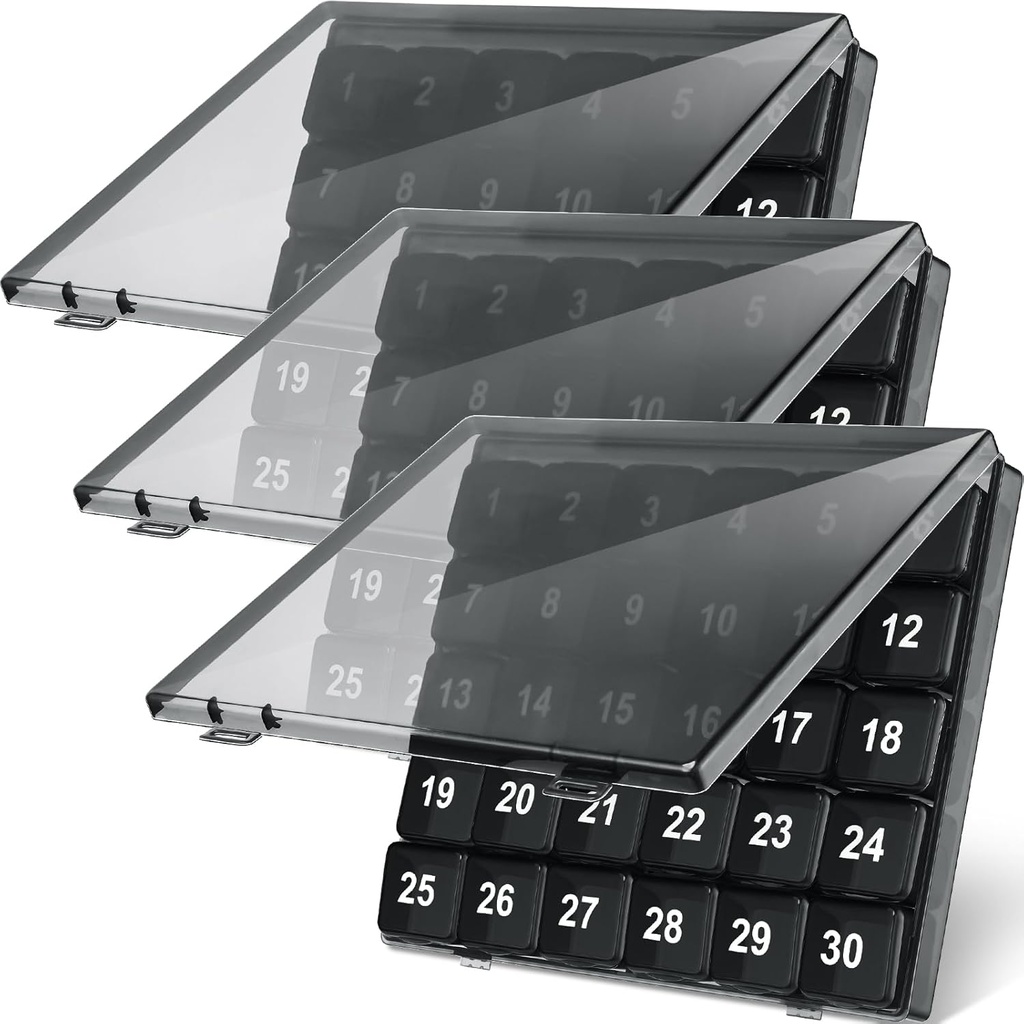 Bokon 3 Pcs Monthly Pill Organizer - 30 Day Medicine Box, 4 Weeks Storage Container, Once a Day Medication Dispenser for Travel, Black