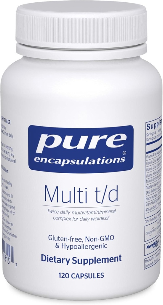 Pure Encapsulations Multi T/D - Multivitamin & Mineral Supplement - Daily Wellness, Cardiovascular & Immune Health * - Vitaminler ve Minerallerde Zengin - Gluten Free & Vegetarian - 120 Capsules