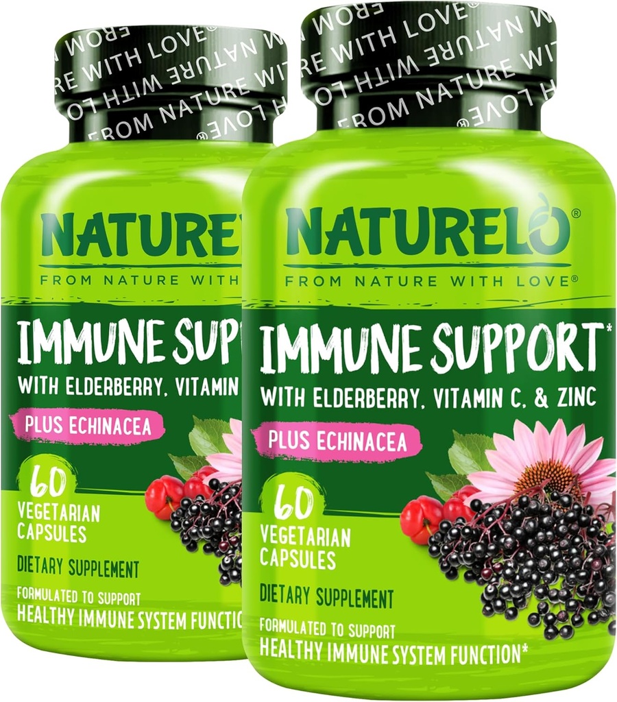 NATLO Immune Support Vitamin C, Elderberry, çinko, Echinacea Natural Immunity Boost w/Antioxy, Herbal & Mineral Savunması - 60 Vegan Capsules (Pack of 2)