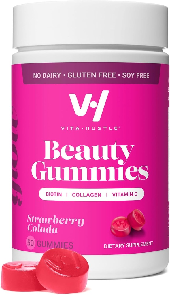 VitaHustle Beauty Gummies, 2500 mcg Biotin, 100 mg Collagen, C, B-Complex, Güçlü Saç, Skin Nails, Low Sugar, Non GMO, Strawberry Colada, 50 Count