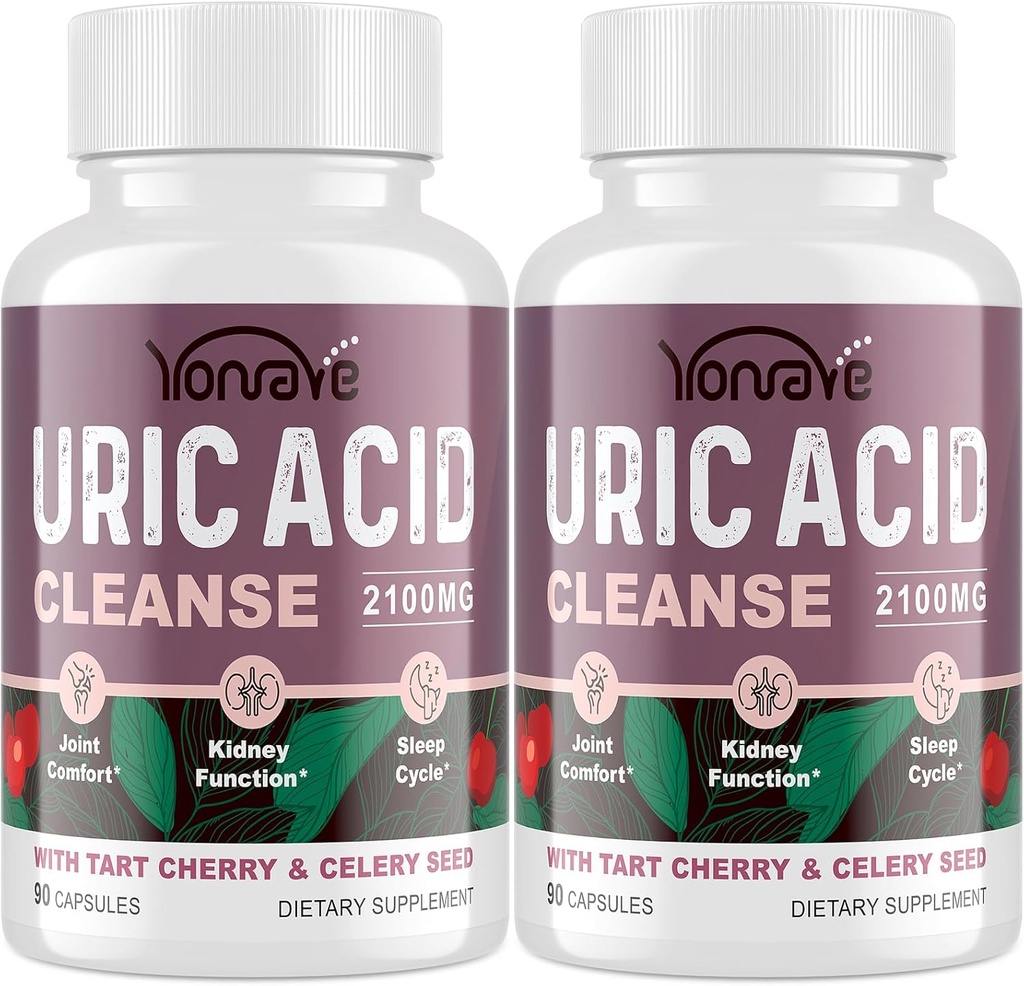 Uric Acid Cleanse & Detox with Tart Cherry, Celery Seed Uric Acid Supplement – Uric Acid Levels, Ortak, Kidney ve Sleep – 90 Veggie Capsules(2 Şişe)