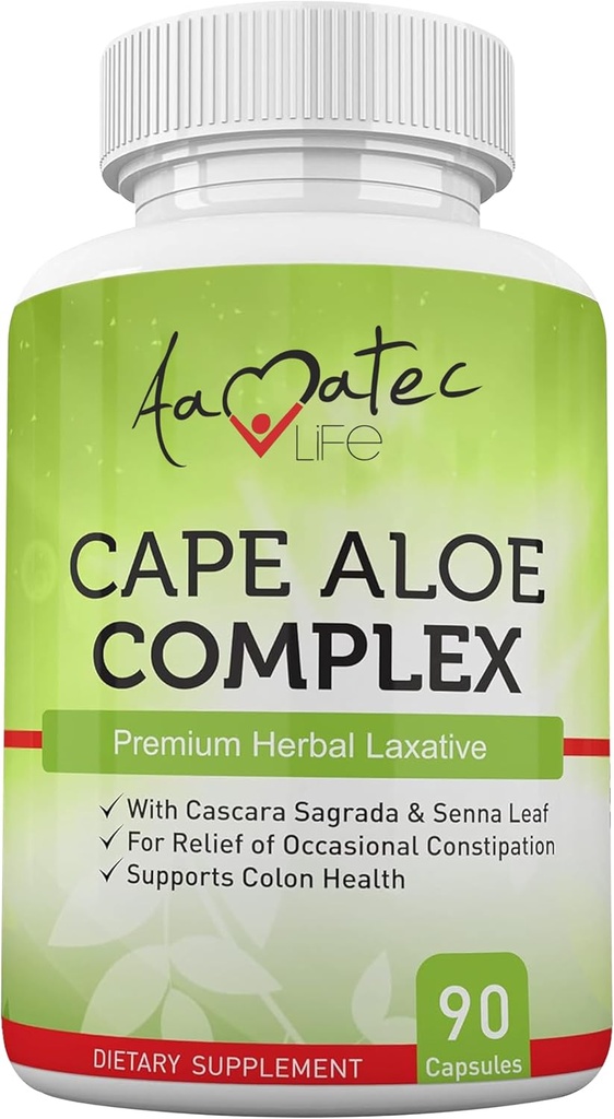 Aamatec Life Cape Aloe Herbal Laxative Complex for Constipation Relief, Health Bowel Movements, Digestive & Colon Health with Cascara Sagrada and Senna Leaf Supplement for Men and Women 90 Capsules