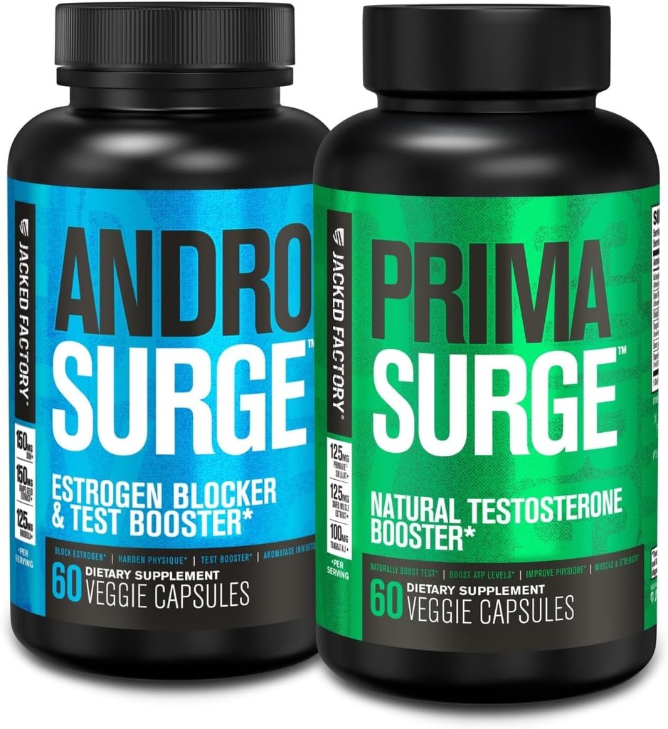 Jacked Factory Testosterone Booster for Men | Estrogen Blocker with Tongkat Ali - Androsurge Anti-Estrogen + Primasurge Natural Test Booster - for Muscle Growth, Vitality, Energy, 30 Day Supply