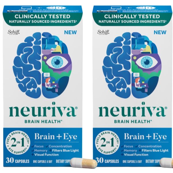 NEURIVA Brain + Συμπλήρωμα ματιών για μνήμη, εστίαση & συγκέντρωση με κλινικά ελεγμένη λουτεΐνη και ζεαξανθίνη, Βιταμίνες A C & E + ψευδάργυρος για την υγεία των ματιών & φίλτρο μπλε φως 30 κάψουλες κόμη (2 Pack)