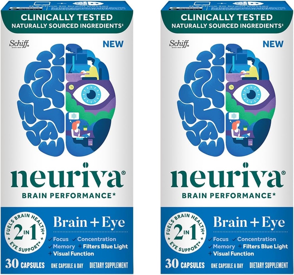 NEURIVA Brain + Eye Supplement for Memory, Focus & Concentration with Klinik olarak Lutein ve Zeaxanthin, Vitaminler A C & E + Çinko for Eye Health & Filter Blue Light 30 Count Capsules (2 Pack)