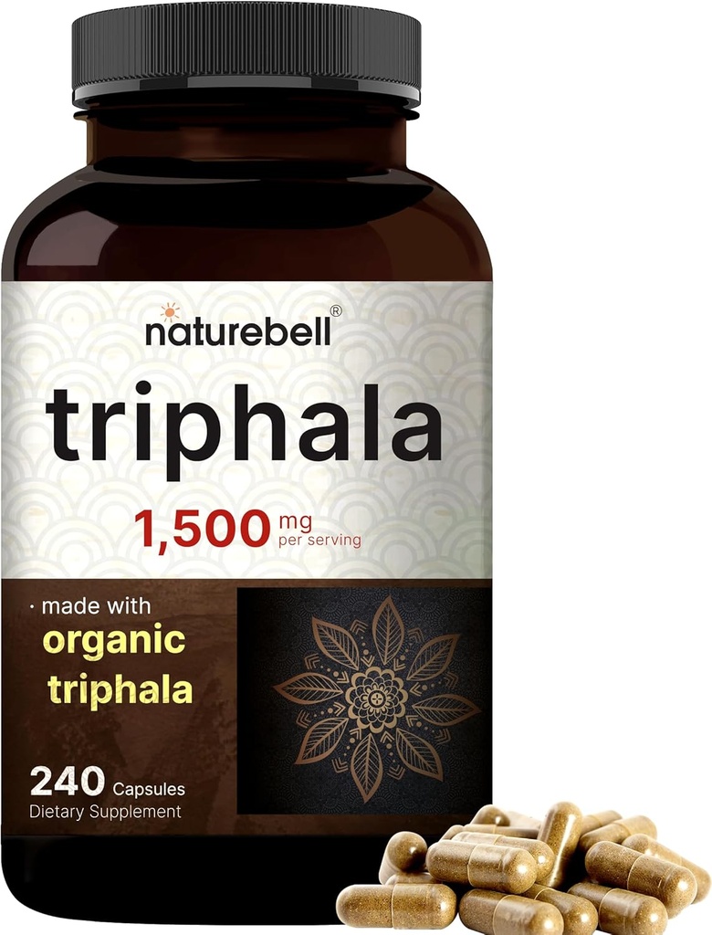 NatureBell Triphala Capsules Supplement, 1,500mg Per | Organik Amla, Bibhitaki, Haritaki Meyve Tozu – Destekler Digestive Health – Double Strength, Non-GMO