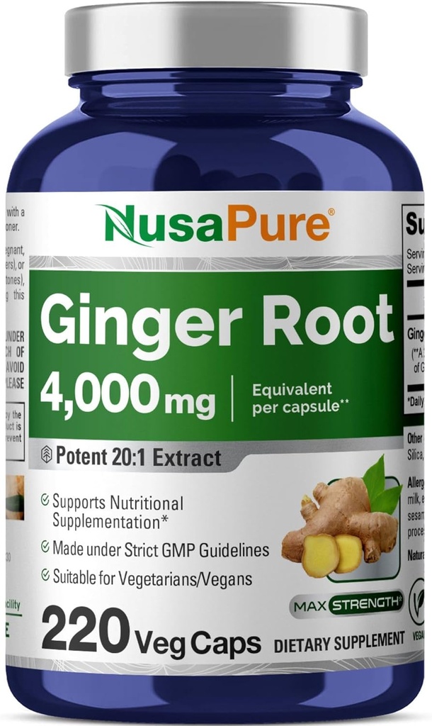 NusaPure Ginger Root Capsules 20:1 Ekstraksiyon, 200 mg Veggie Caps başına 4.000 mg Eşlik | 220 Kont | Non-GMO