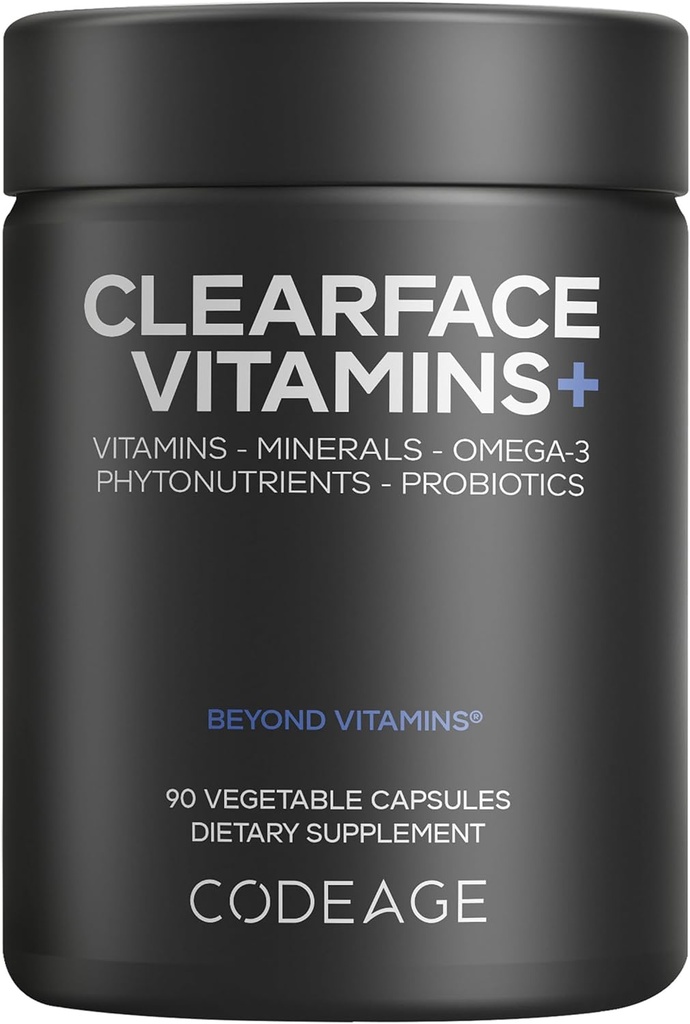 Codeage Clearface Pantothenic Acid, Niacin Supplement, Vitamins A, C, D3, E, Probiotics, Zinc, Riboflavin, Thiamin, L-Lysine HCL & Omega-3, Niacinamide, Skin Botanical Blend - Non-GMO - 90 Capsules