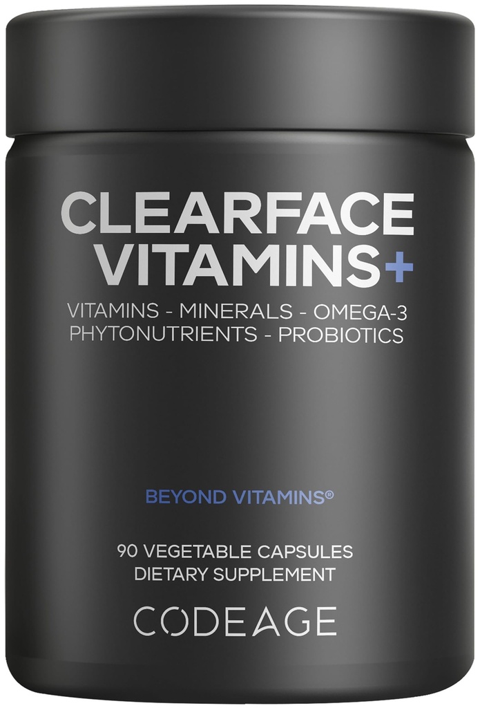 Kodaj Clearface Pantothenic Acid, Niacin Supplement, Vitamins A, C, D3, E, Probiyotikler, çinko, Riboflavin, Thiamin, L-Lysine HCL & Omega-3, Niacinamid, Skin Botanical -