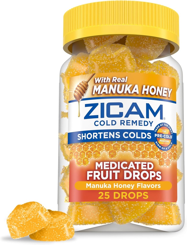 Zicam Cold Remedy Brit Medicated Fruit Drops, Manuka Honey Flavor, Homeopathic, Cold Shorting Medicine, Shortens Cold Duration, 25 Count