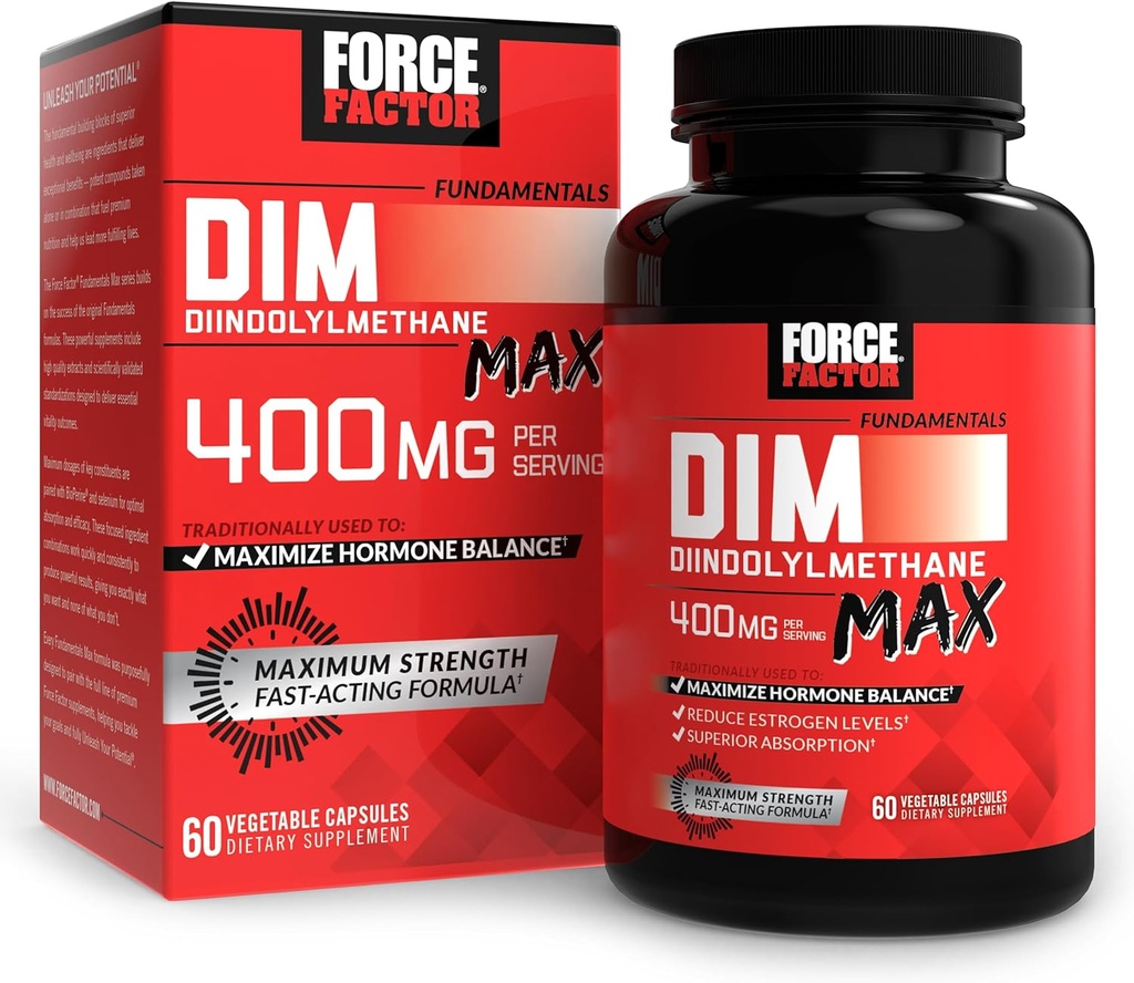FORCE FACTOR DIM Max, Συμπλήρωμα DIM 400mg, Ισορροπία οιστρογόνων για γυναίκες και άνδρες, Επιπλέον Δύναμη για Ορμονική Ακμή, Μεταβολισμός, Εμμηνόπαυση, PSOS, Diindolylmethane, Ανώτερη Απορρόφηση, 60 Κάψουλες