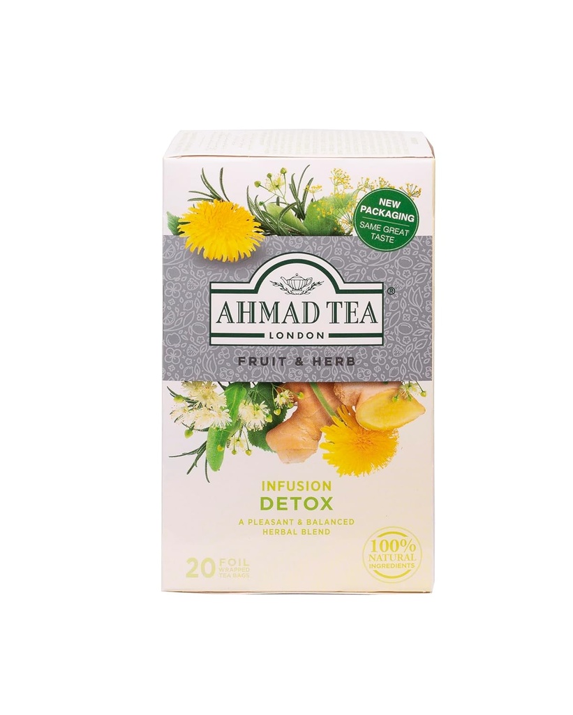 Ahmed Tea Herbal Tea, Ginger, Peppermint, Fennel, Dandelion, & Birch 'Detox' Teabags, 20 ct (Görünen 6) - Decaffeinated & Sugar-Free