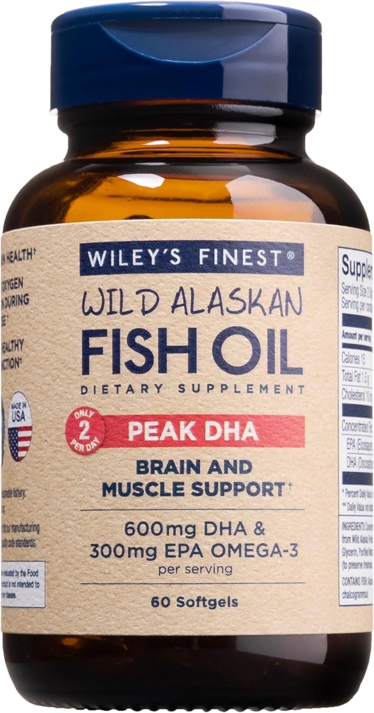 Wiley's Finest Wild Alaskan Fish Oil Peak DHA - 900 mg EPA ve DHA Omega-3s - 60 Softgels (30 hizmet)