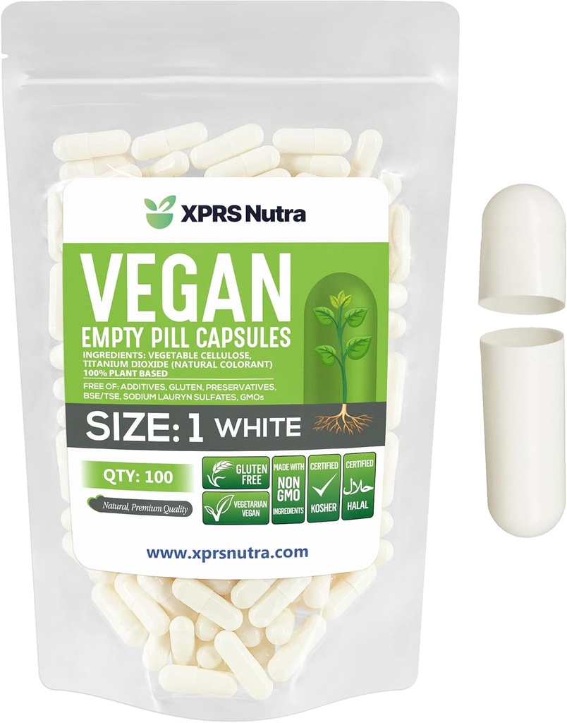 XPRS Nutra Boyutu 1 Boş Kapsüller - 100 Kont Boş Vegan Capsules - Vejetaryen Pills - DIY Sebze Kapsülü - Veggie Pill Caps For Do-It- Yourself Supplements (Beyaz)