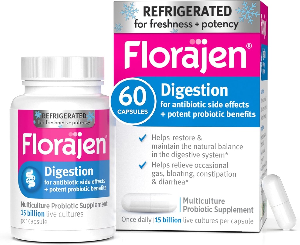 Florajen3 Digestion High Potency Refrigerated Probiotics | Restores Balance in Digestive System | for Antibiotic Side Effects | 60 Capsules