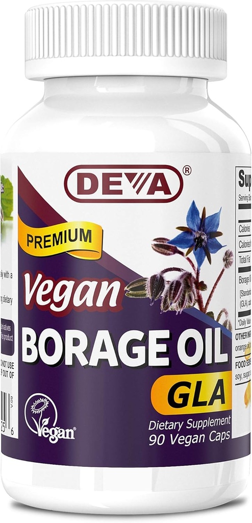 Deva Vegan Βιταμίνες, Borage Oil 500mg, Πλούσια Πηγή Ωμέγα-6 Λιπαρά Οξέα GLA (Λινολενικό Οξύ Γκάμμα), Ψυχρό-Pressed & Unrefined, 90 δισκία, 1- Pack