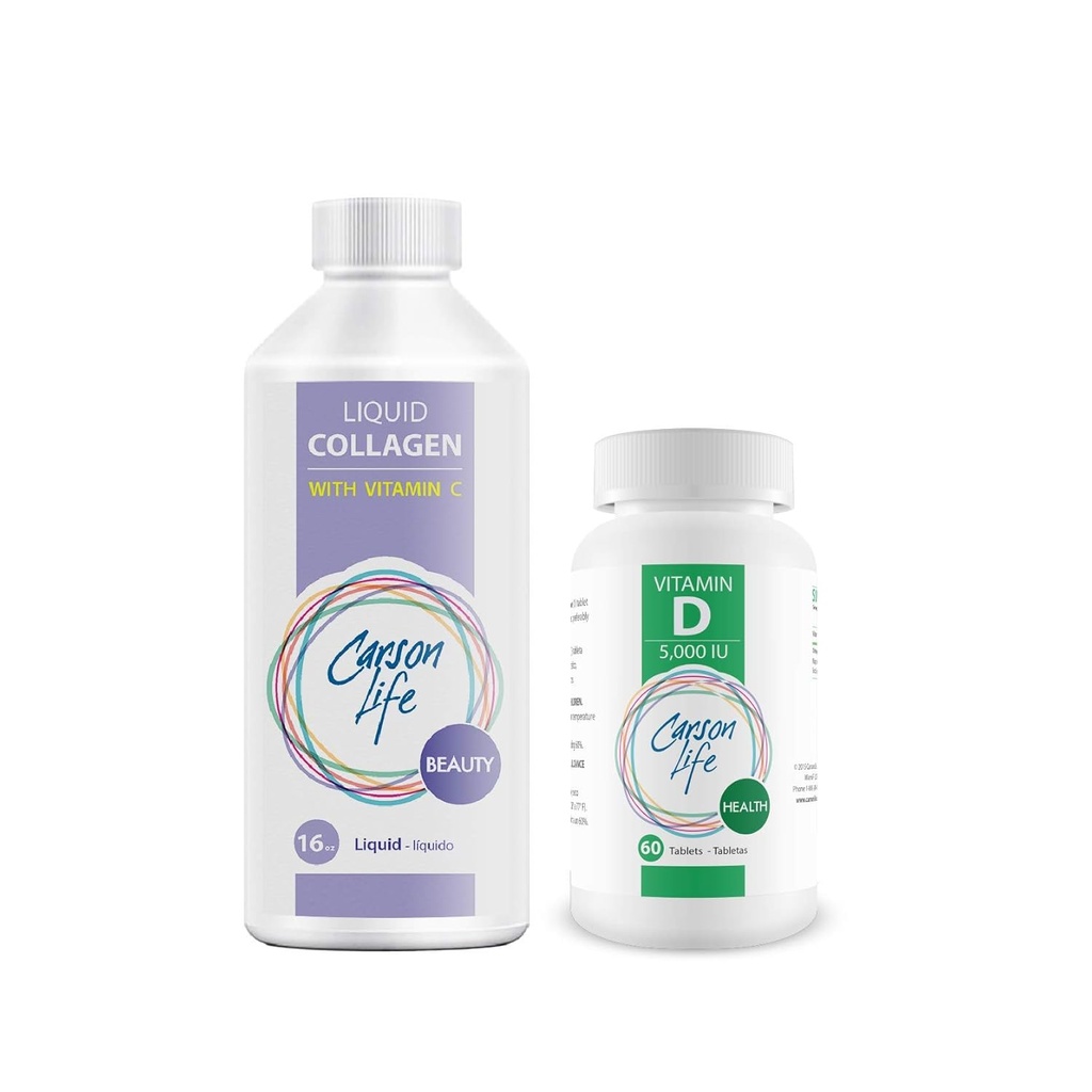 CARSON LIFE - Vitamin C 1 Şişe ile sıvı Collagen, 16 Oz Sche ile D Supplement 1 Şişe, 10.000 IU, 60 Tablet Güçlü Kaslar, Bones, Teeth, Anti Aging, Hair Skin & Nails