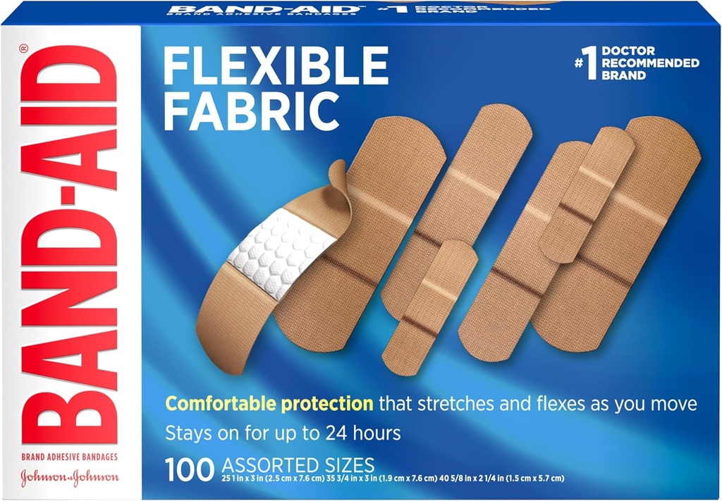 Yara Bakımı ve İlk Yardım için Band-Aid Marka Esnek Kumaşı, Assorted Boyutlar, 100 ctt