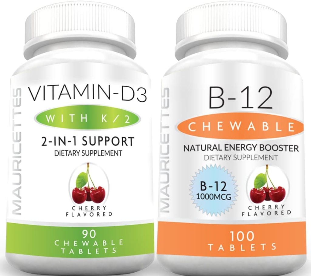 Mauricettes Chewable Vitamin D3 ile K2 & Chewable Vitamin B12 1000 mcg Energy ve Immune Support Schewable Vitamin D3 ile