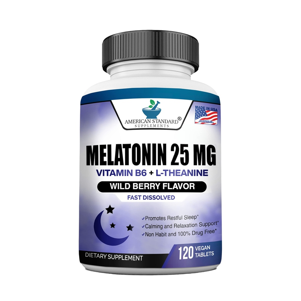 Melatonin 25 mg Per One Tablet, L-Theanine & Vitamin B-6 ile 120 Chewable Tablet, Sağlıklı Uyku Lisansını Destekler, Calming & Restful Sleep, Vegan, NON GMO, Made In USA