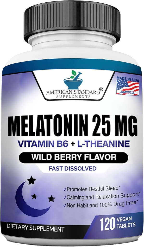 Melatonin 25 mg Per One Tablet, L-Theanine & Vitamin B-6 ile 120 Chewable Tablet, Sağlıklı Uyku Lisansını Destekler, Calming & Restful Sleep, Vegan, NON GMO, Made In USA