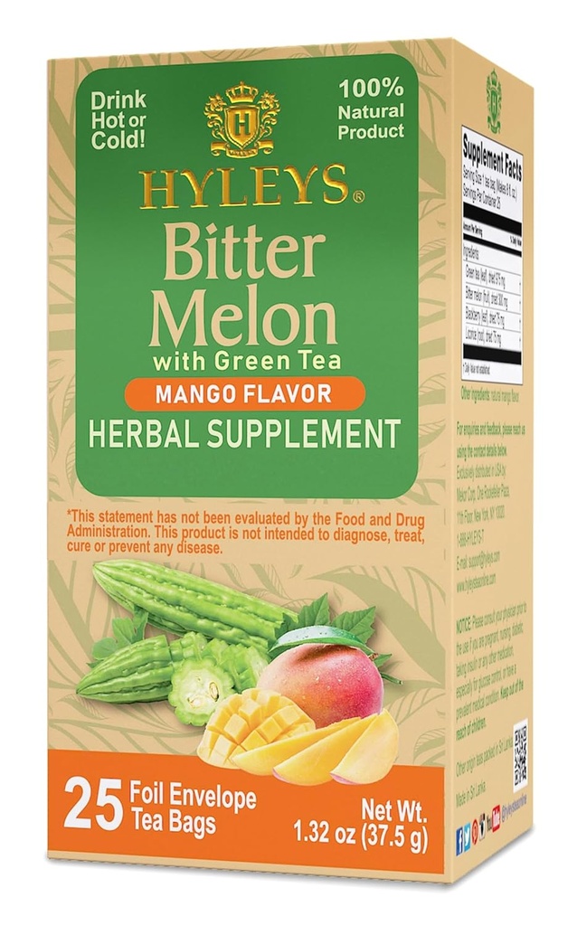 Hyleys Bitter Melon with Green Tea - Mango Flavor - 25 Çay Çanta - Sağlıklı Canlı Fonksiyonlar - Herbal Supplement - (6 Pack - 150 Tea Bag Total)