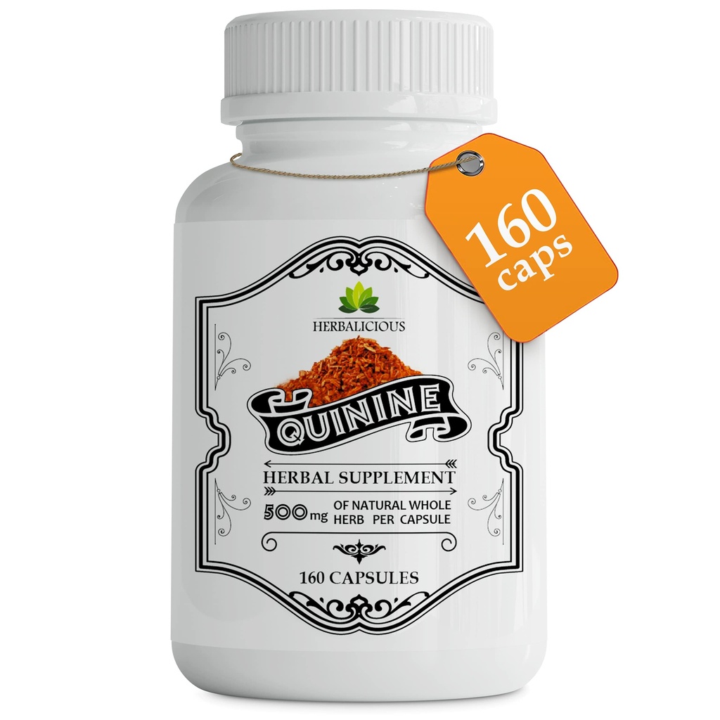 Quinine Capsules - Cinchona Officinalis Bark Herbal Supplement for Muscle, Cramp Defense and General Digestive Health - All- Natural Quinine Sulfate Pills, 500 mg per Capsule, 160 Tablets
