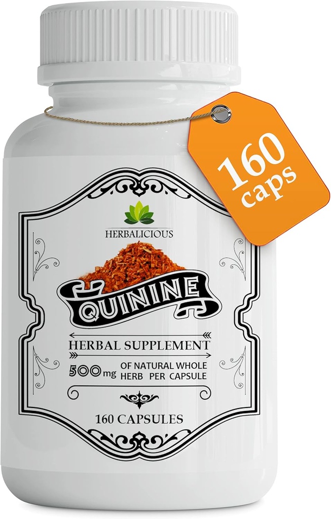 Quinine Capsules - Cinchona Officinalis Bark Herbal Supplement for Muscle, Cramp Defense and General Digestive Health - All- Natural Quinine Sulfate Pills, 500 mg per Capsule, 160 Tablets