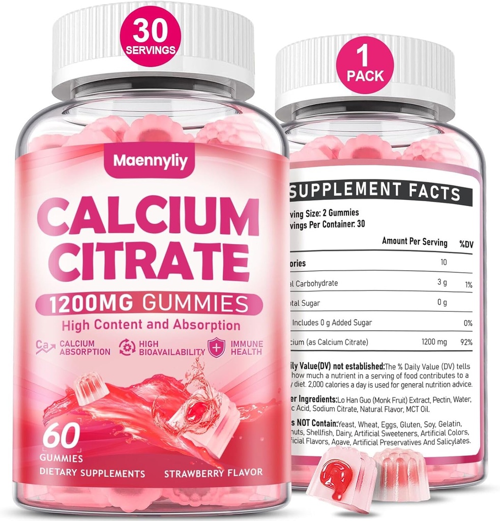 Citrate Gummies Ασβέστιο 1200 mg για Ενήλικες: Ultimate Απορρόφηση Συμπλήρωμα ασβεστίου για Γυναίκες & Άνδρες - Easy to Digest, Vegan, Non-GMO, Gluten Free - Φυσικό άρωμα φράουλας