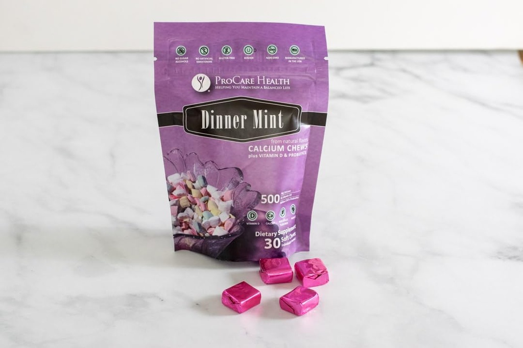 ProCare Health | TruCaluba Yumuşak Chew | Akşam Yemeği Mint | 500 mgelli | 500 IU Vitamin D3 | 500 Milyon CFU'nun Probiyotik | 30