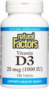 Doğal Faktörler, Vitamin D3 1000 IU (25 mcg), Güçlü Bones, Kass ve Immune Function, 180 Tabletler