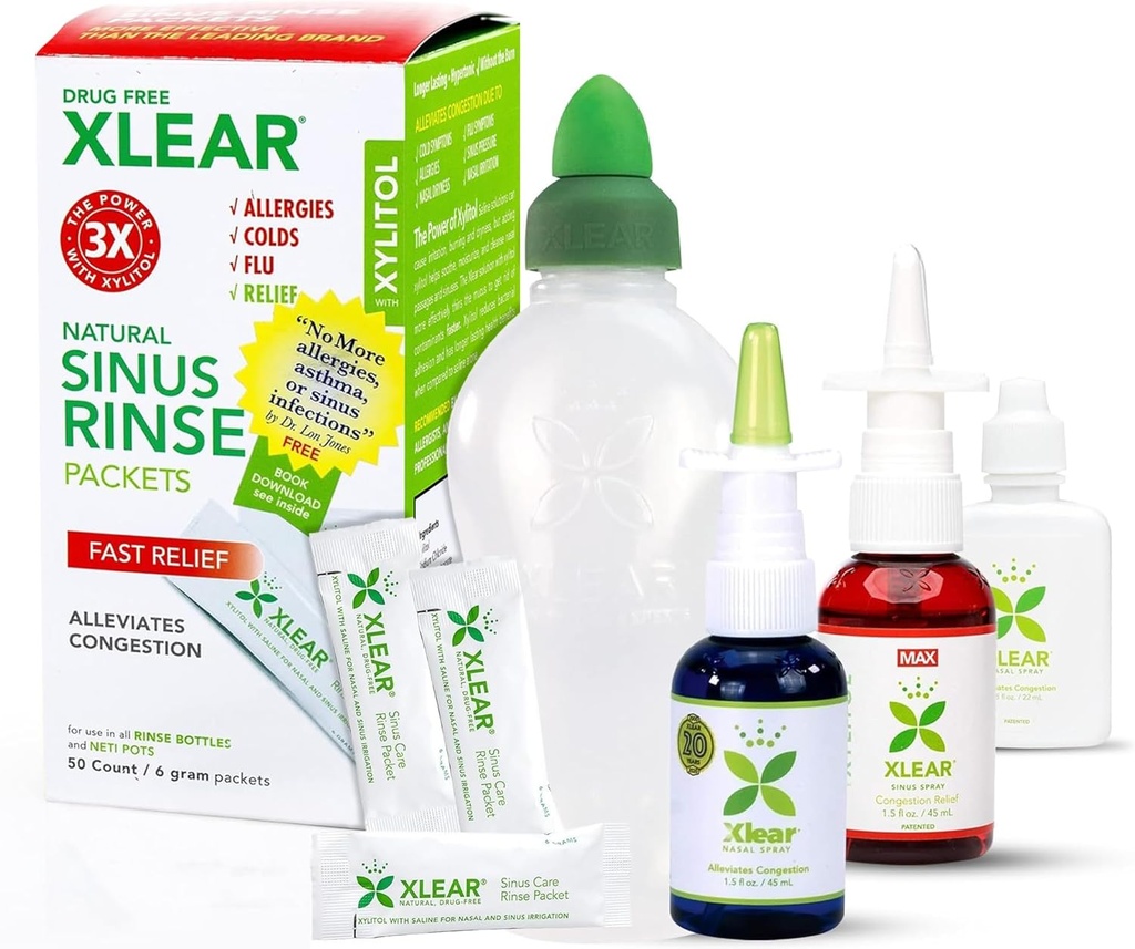 Xlear Alerji Yardım Kit, Tüm Gün Antial Kurtarma Kiti Xylitol ile Xlear MAX Nasal Mix, Xlear Nasal Rinse Neti Pot ve 50 Refill Packets