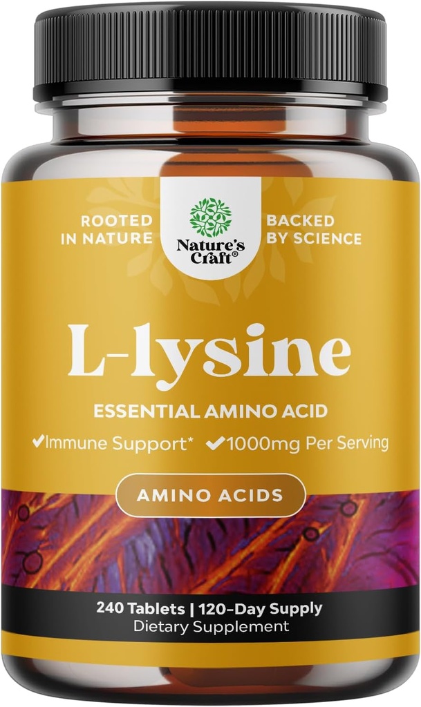 Natures Craf L L Lysine 1000mg per Serving Nutritional Supplements - L- λυσίνη Essential Amino Acids for Eye Health Lip Care Οστική υποστήριξη Ανοσοποιητικό σύστημα Ανάπτυξη των μυών και χορτοφαγικό κολλαγόνο 240 δισκία