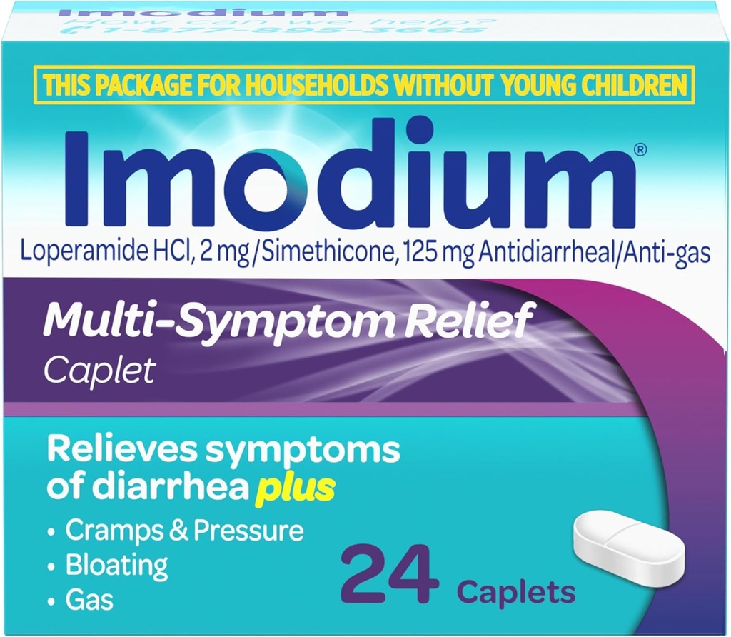 Imodium Multi-Symptom Relief Caplets with Loperamid Hydrochloride & Simethicone, Anti-Diarrheal Medicine for Treatment of Diarrhea, Gas, Bloating, Cramps & Basınç, Easier to Open, 24 ct