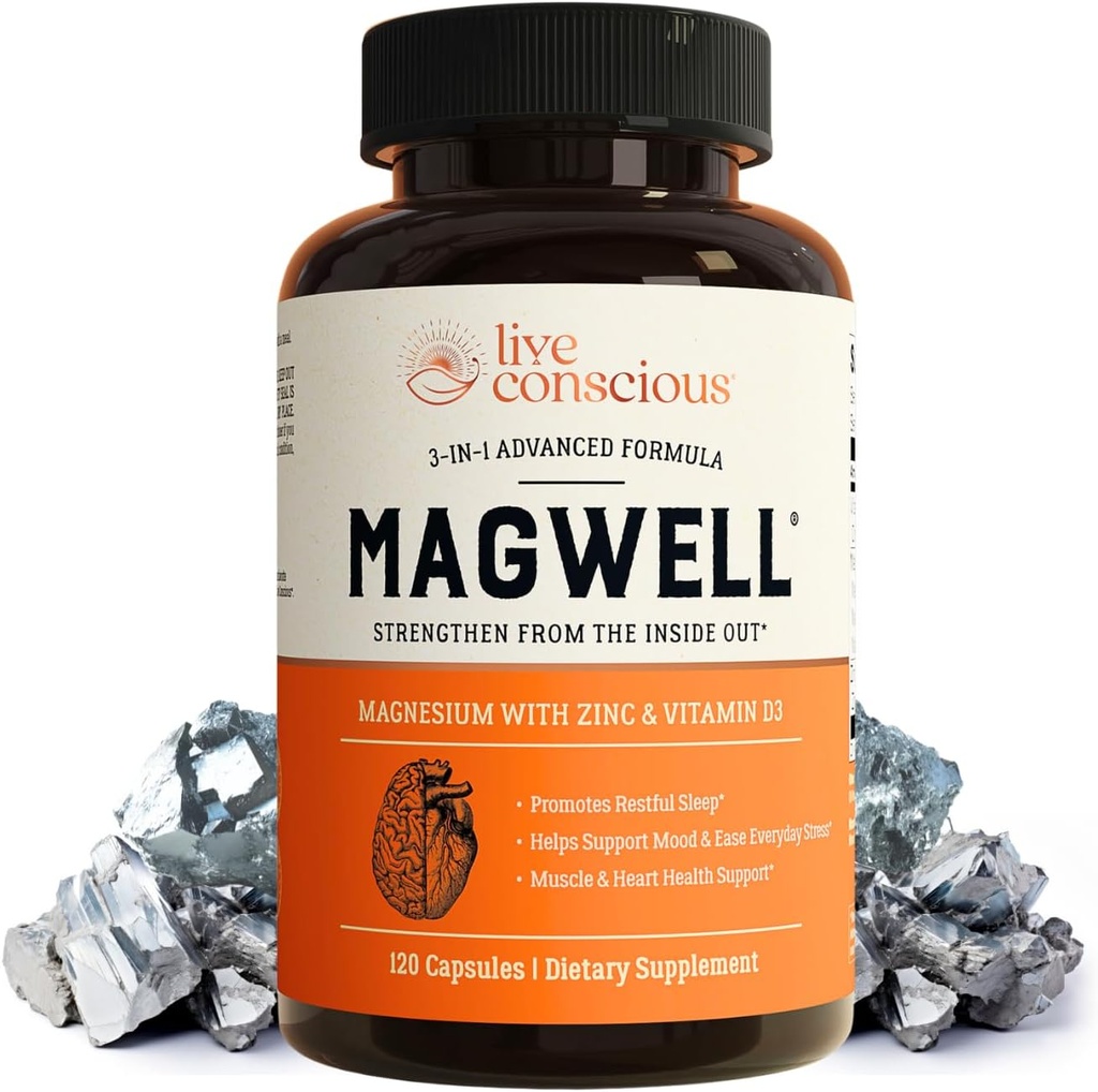 Canlı Bilinçli Magwell Magnezyum çinko & Vitamin D3 - Magnezyum Glycinate, Malate, & Citrate - Kadınlar ve Erkekler için Triple Supplement - Sleep, Bone, Heart, Immune Support - 120 Caps